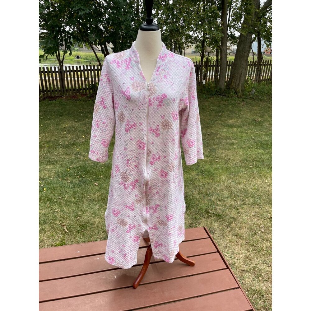Miss Elaine Womens Quilted Floral Zip Robe M Pink Housecoat